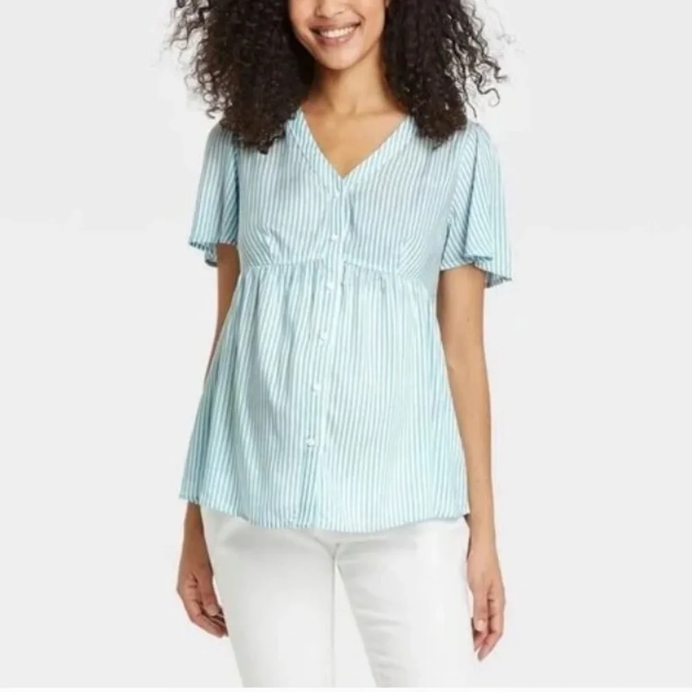 (S)- Isabel Maternity Women's V-Neck Button-Front Woven Blue Stripe Shirt